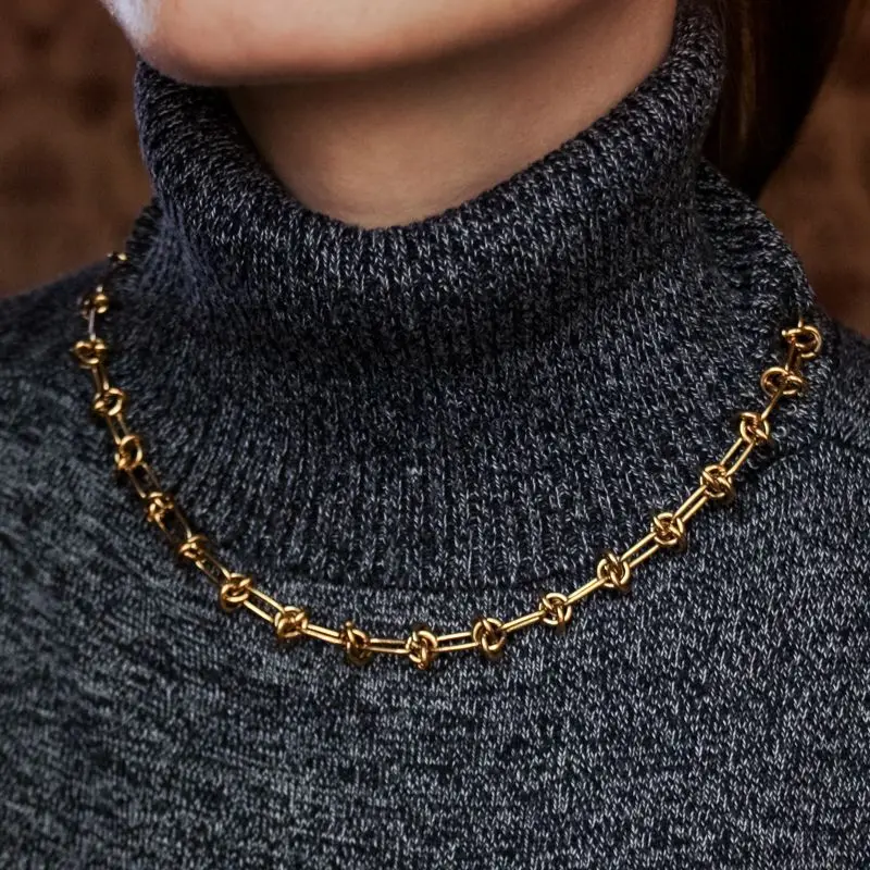 

Titanium With 18K Gold Geo Knot Chains Necklace Japan Korean Style Party Designer T Show Runway Gown Jewelry Rare INS