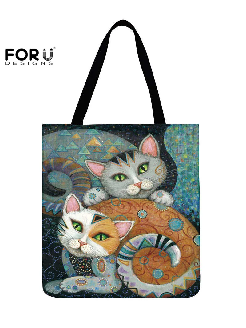 

FORUDESIGNS 3D Cartoon Cat Printing Women Linen Fabric Storage Shoulder Bag Ladies Grocery Large Capacity Shopping Eco Bag