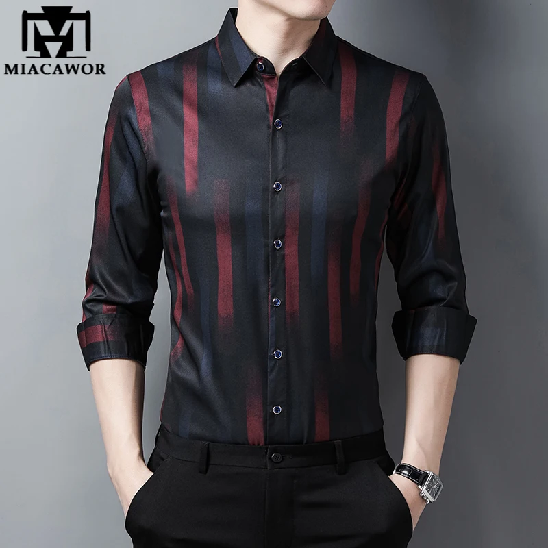 

2023New High Quality Dress Shirts Men Slim Fit Luxury Print Silk Shirt Spring Long Sleeve Casual Shirts Camisa Masculina C724