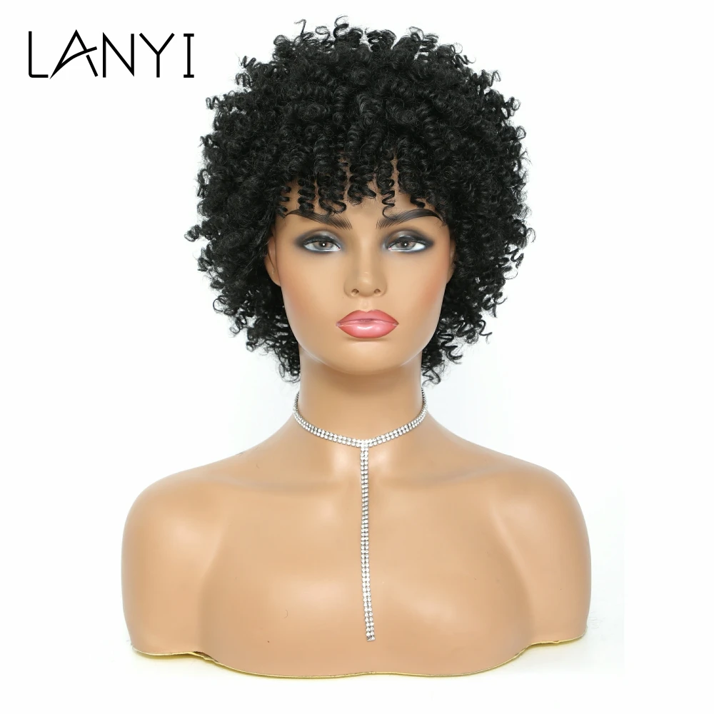 

LANYI Short Black Jerry Curly Synthetic Wigs for Black Women Daily use Cosplay Heat Resistant