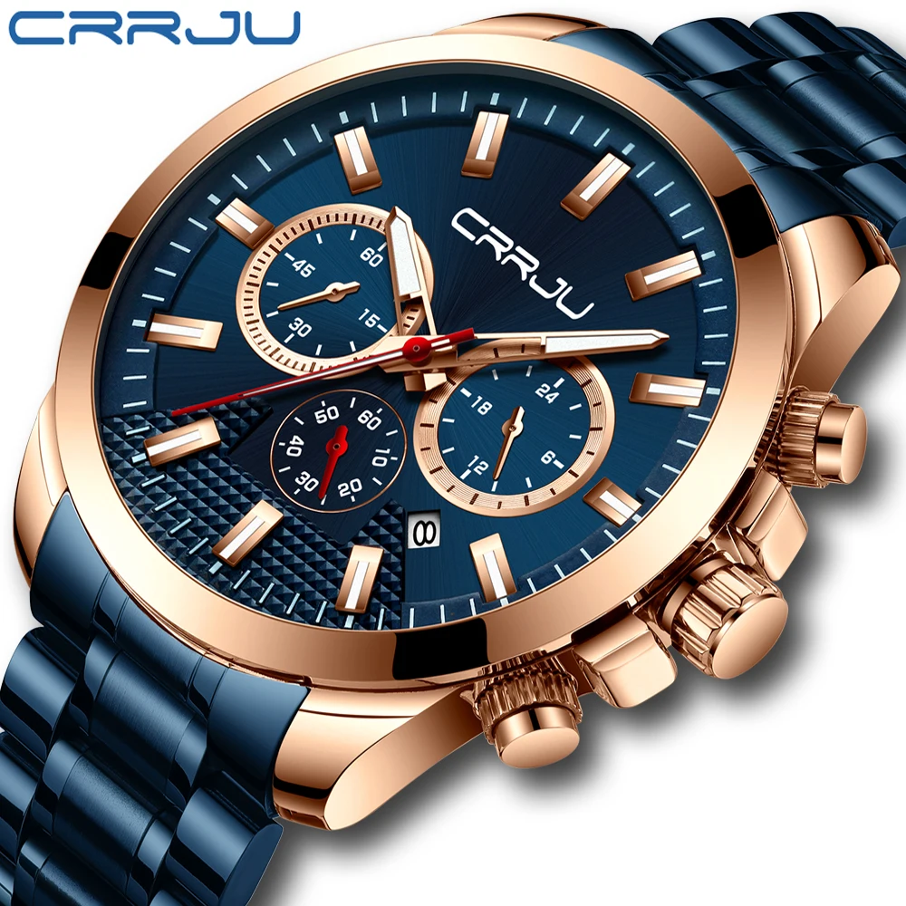 $20.79 Crrju New Fashion Stainless Steel Mens Watches Top Brand Luxury Multi-Function Chronograph Quartz