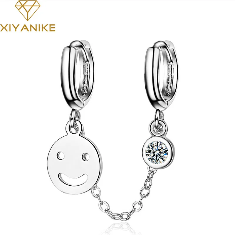 XIYANIKE 925 Sterling Silver Prevent Allergy Creative Earrings for Women Couple Trendy Simple Smiling Face Crystal Jewelry Gifts | Украшения