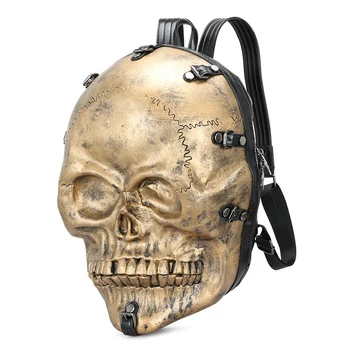 

Large-Capacity Geek Backpack Outdoor Travel Funny Bag Gold Silver Color Halloween Skull Backpack PU Backpack Unisex