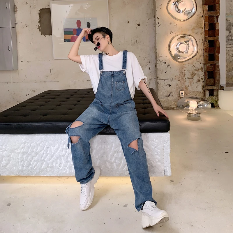 2021 Men Leisure Casual Jeans Pants Male Harem Cargo Blue Color Ripped Hole Jumpsuit Rompers Loose Fashion Trousers Size M