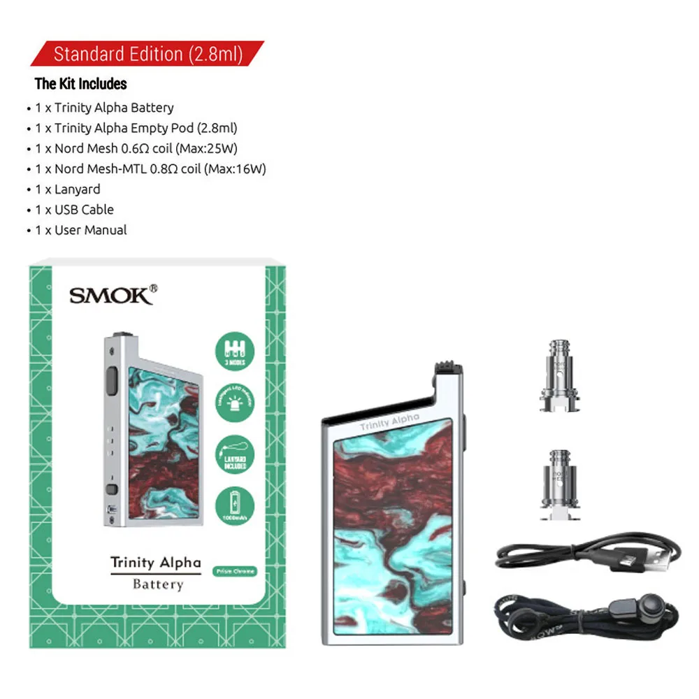 Аутентичный SMOK Trinity Alpha Pod Комплект 1000 мАч батарея 2 8 мл Vape Nord Mesh MTL катушка