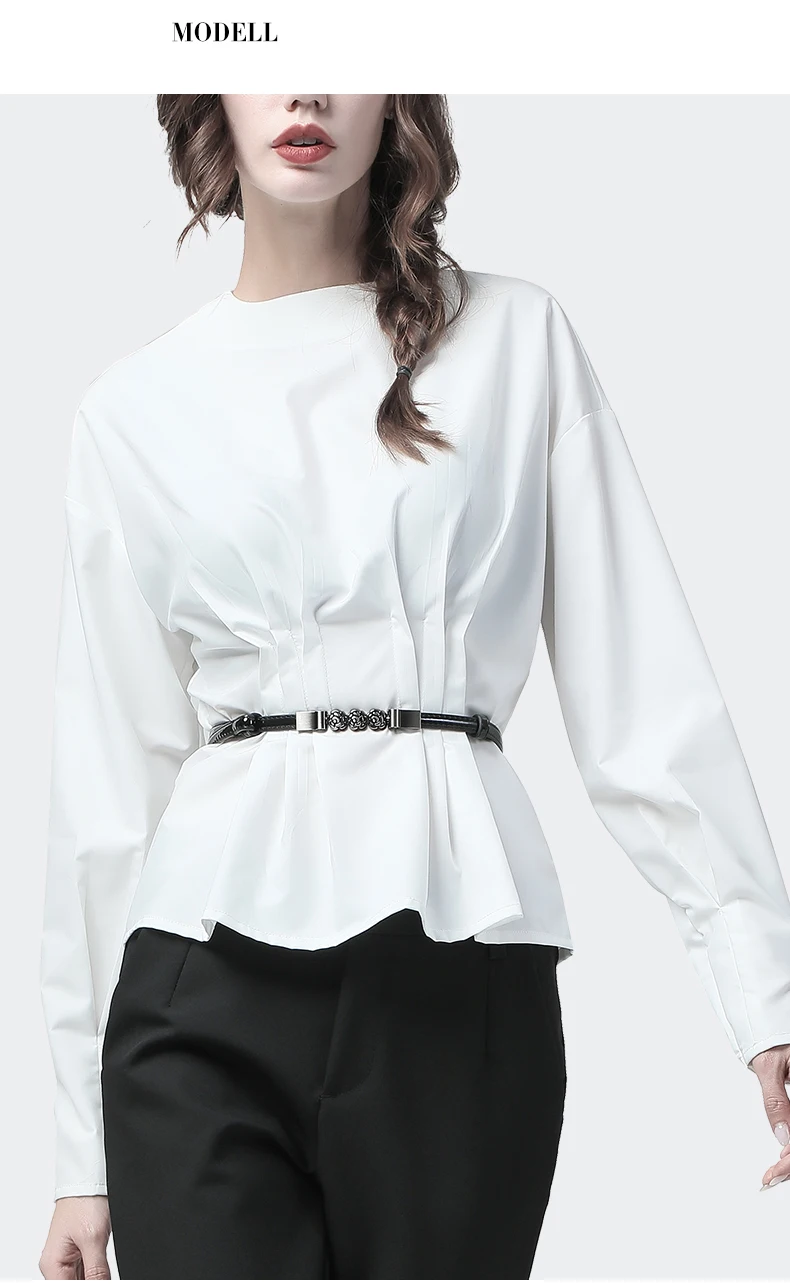 Элегантная белая блузка Женский Топ без пояса с круглым вырезом с длинным рукавом плюс размер драпированные женские офисные блузки корейский стиль рабочая одежда Топ