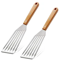 New 2 Pcs Fish Spatulas,Slotted with Wooden Handle,Stainless Steel Kitchen Tool Nonstick Fish Flipper for Frying,Grilling