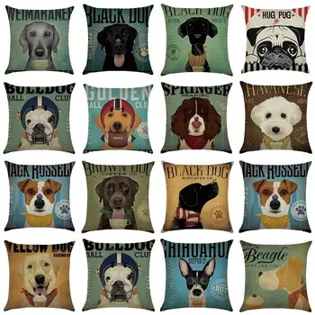 

18" Vintage Pillow Case Dog Digital Printed Linen Cute Cartoon Dog Pattern Sofa Cushion Cover Living Room Decoration Pillowcase