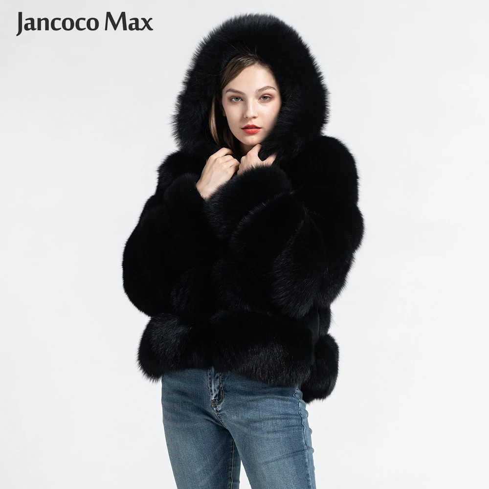 Jancoco Max Женские пальто с натуральным лисьим мехом и капюшоном модный стиль Меховая куртка высокого качества Зимняя теплая S7254
