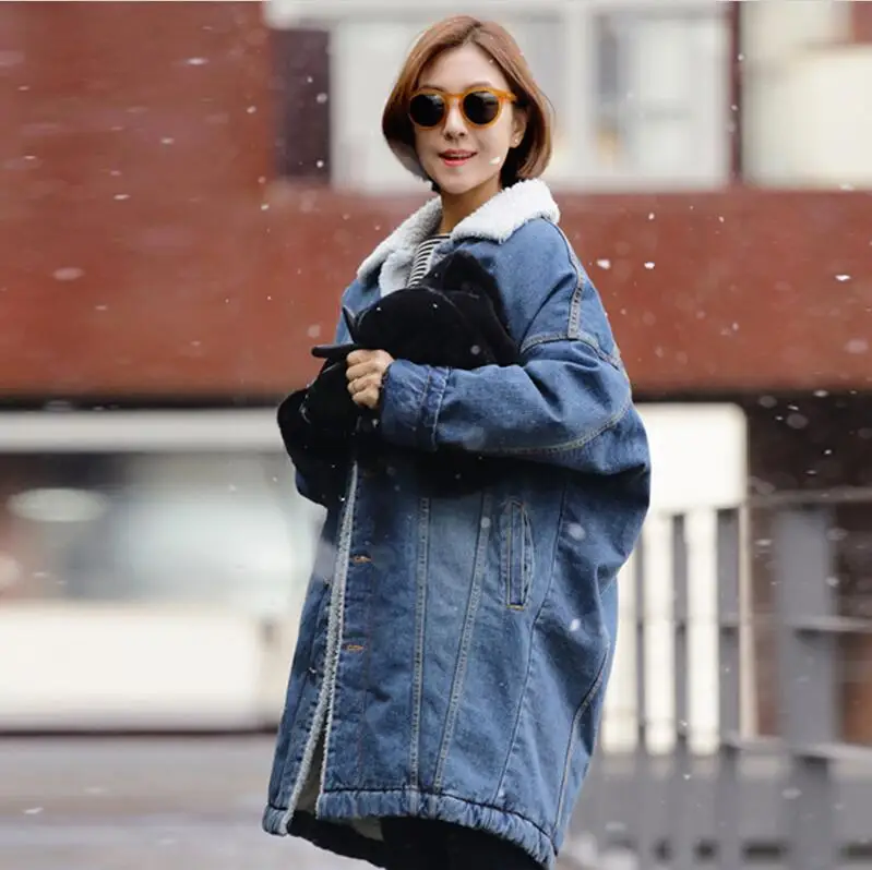 Меховая теплая зимняя джинсовая куртка для женщин, новинка, Модные осенние шерстяные джинсы с подкладкой, пальто для женщин, куртка-бомбер, Casaco Feminino - Цвет: blue