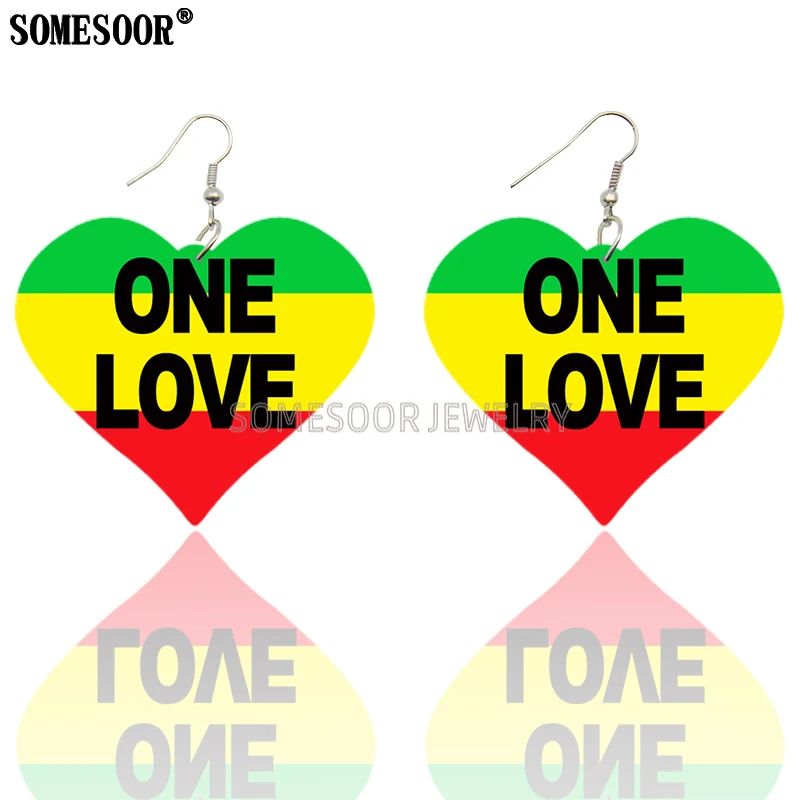 SOMESOOR 3 цвета в полоску с надписью ONE LOVE Деревянные Двухсторонние серьги принтом форме сердца для женщин