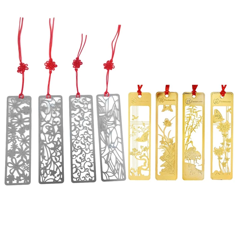 

8 Pcs Bookmarks: Pack Of 4 Chinese Metal Bookmarks Set for Kids Women Girls & Pack Of 4 Classical Hollow Out Flower Style Metal