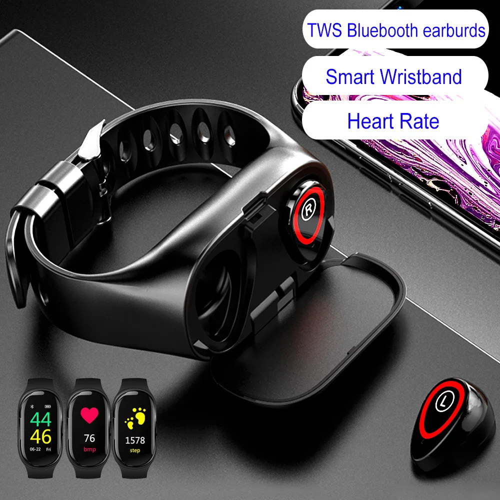TWS Wireless Bluetooth Earphones 5.0 Smart Watch wristband Heart Rate Monitor waterproof Stereo Sports headphones for iOS Iphone