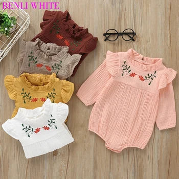 

Spring Newborn Baby Girls Clothes Long Sleeve Cotton Linen Flower Embroidery Toddler Lovely Rompers Autumn Breathable Jumpsuits