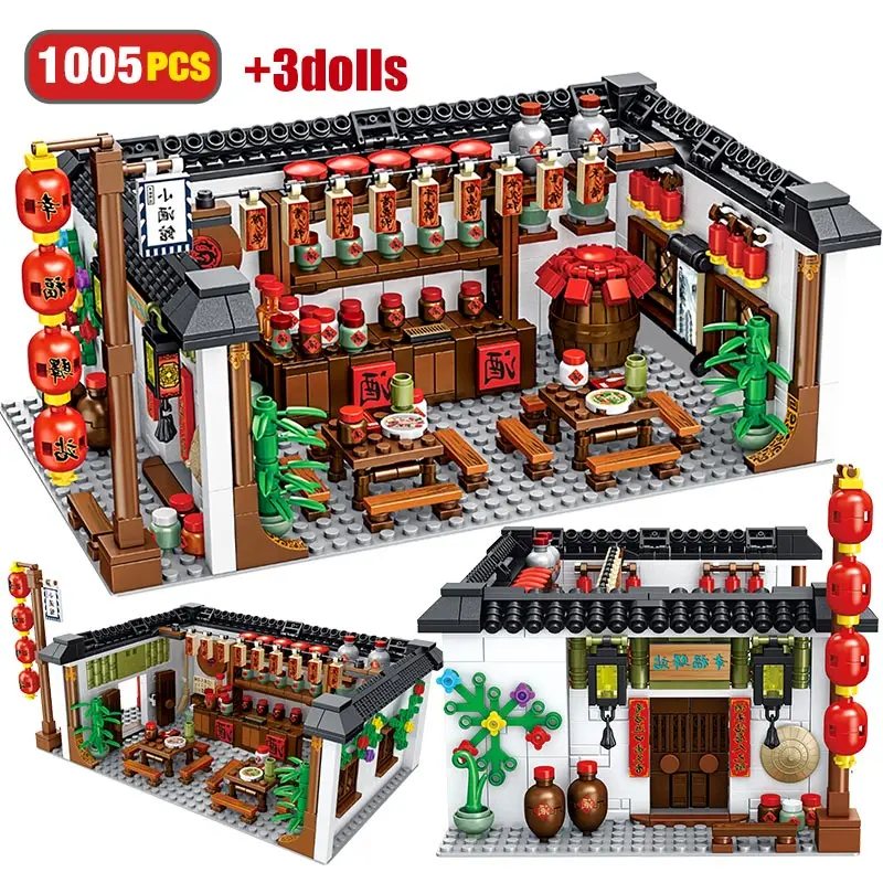 

1005pcs China Happiness Station Courtyard House Architecture Building Blocks Legoing City Street View Tavern Bricks Toy for Kids