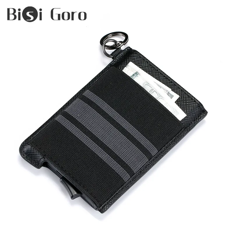 

BISI GORO Cowhide Anti-theft IID Credit Card Holder Men Rfid Blocking Wallet Security Aluminum Thin Business Bank Card Holder