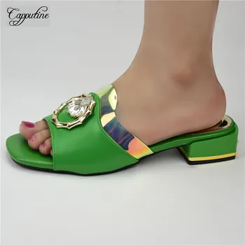 

Nice Green Slippers African Lady Medium Heel Shoes With Stones For Party 86-6 Heel Height 4CM, 5 Color