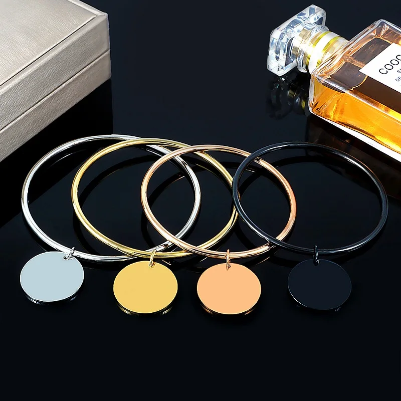 Stainless Steel Metal Wafers Charm Bracelet Bangle For Women 4 Colors 10 mm Round Disk Pendant Bracelets Jewelry Gift | Украшения и