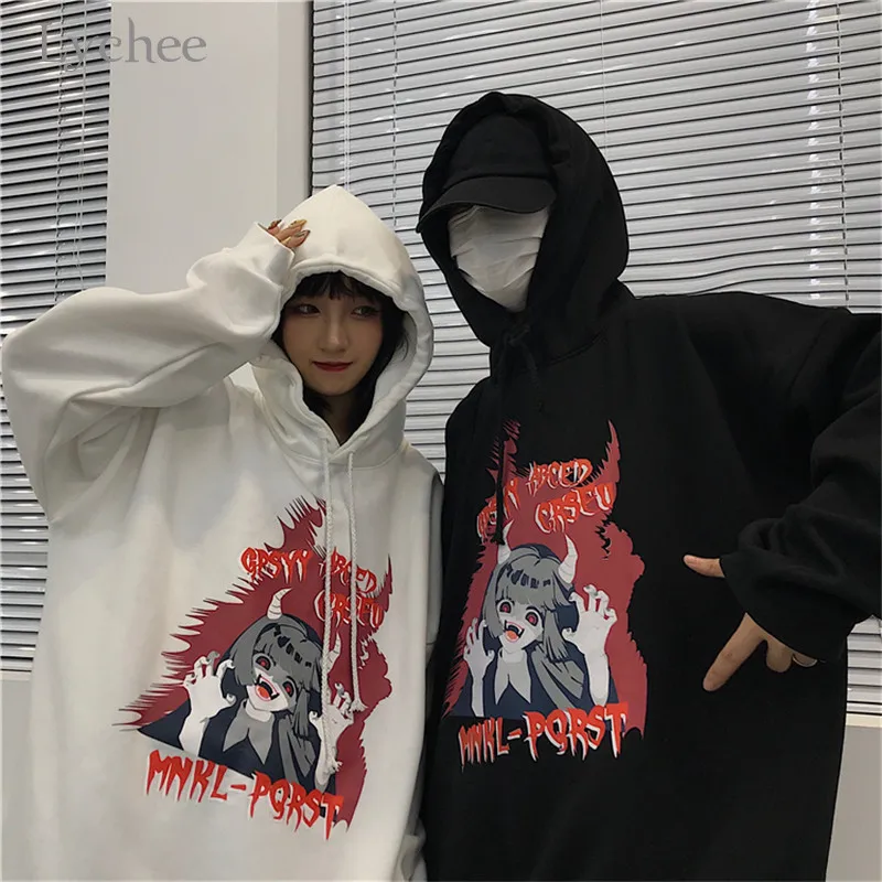 Lychee Harajuku Dark Character Letter Women Fleece Hooded Sweatshirts Spring Autumn Winter Lady Tops Casual Loose Female Hoodies