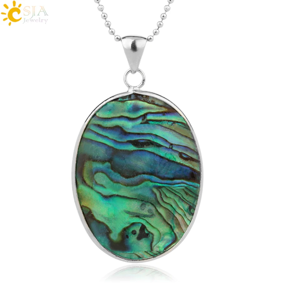 

CSJA Green Oval Seashell Pendant Paua Abalone Shell Flat Bead Silver Color Pendants Necklace for Women Charm Simple Jewelry G230