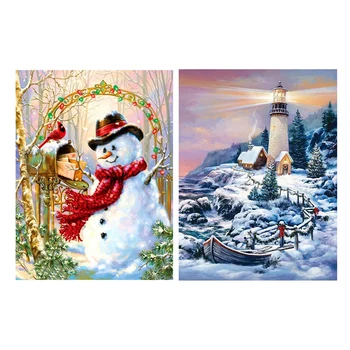 

2 Set DIY 5D Diamond Painting Kits Home Decor - "Snowman Mailbox" & "Christmas Snow Scene"