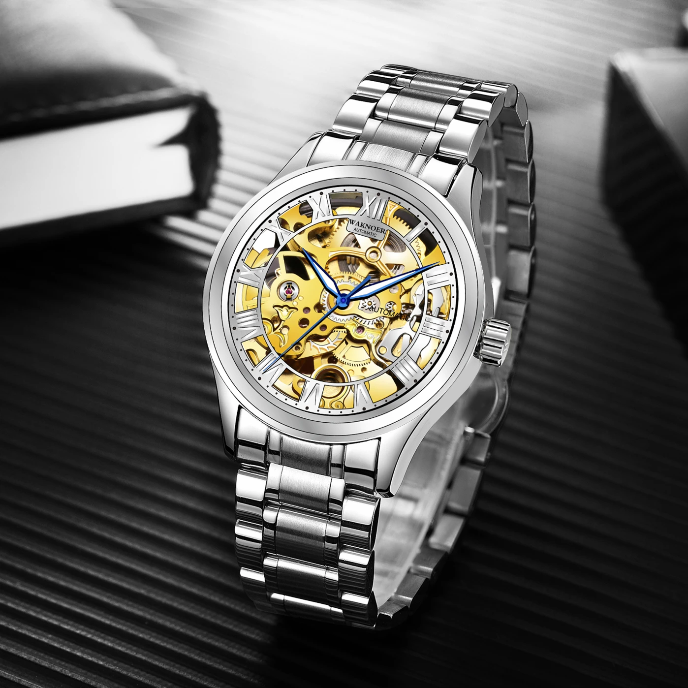 WAKNOER механические часы для мужчин из нержавеющей стали водонепроницаемые золотые Роскошные наручные часы мужские часы лучший бренд Модные Повседневные Montre Homme