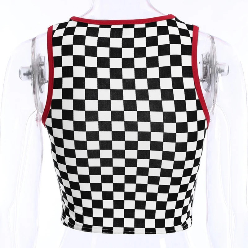 Модные новые женские майки Camis жилет Шахматная цветная контрастная сторона ленты тонкая короткая футболка