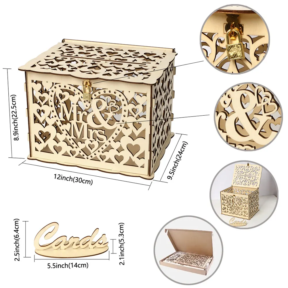 

DIY Wooden Wedding Card Box with Lock and Slot for Rustic Wedding Decoration DNJ998