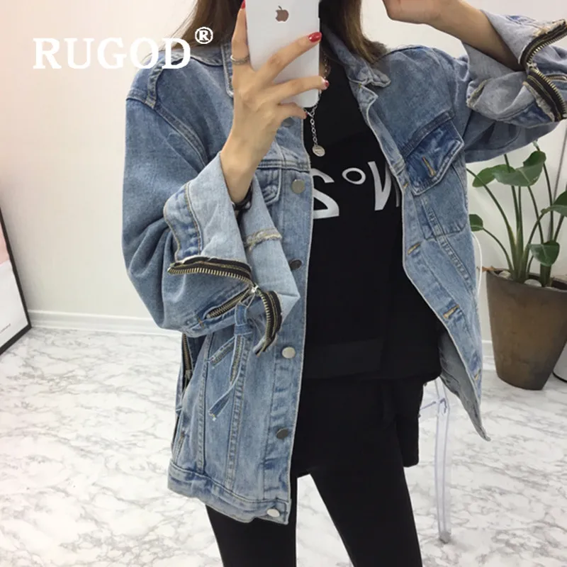 

RUGOD Vintage Autumn Jacket Women 2019 Turn-down Collar Single Breasted Zipper In Sleeve Jeans Coat Casual Lady Outwear