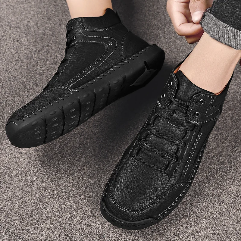 Mens Winter Boots Soft Leather Mens Snow Boots Plush Warm Leather Winter Warm Boots Outdoor Vintage Adult Motorcycle Boots
