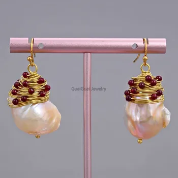 

GuaiGuai Jewelry 16x26MM Natural Pink Keshi Pearl Garnet Hook Earrings