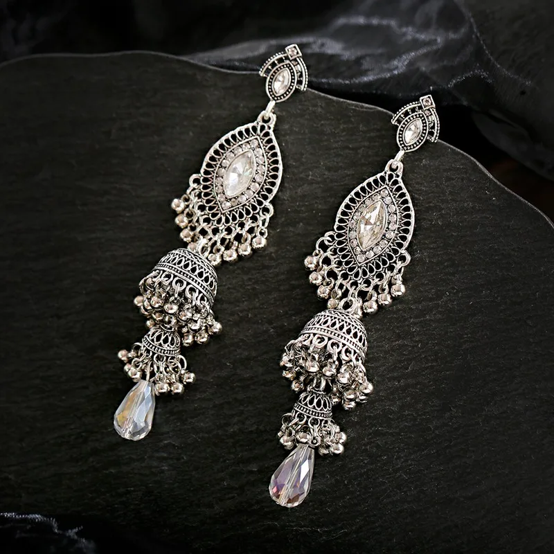 TopHanqi индийский Jhumka Jhumki Женский Золотой Серебряный Длинный хрустальный бисер сглаза висячие серьги Бохо Цыганский родовой ювелирные изделия