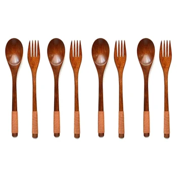 

8 Pcs Wooden 9 inchJapanese Spoon Fork Set Kitchen Tableware Natural Wood Cutlery Wooden Dinner Cutlery Set