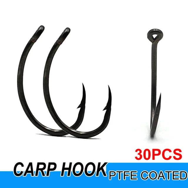 50pcs Carp Fishing Barbed Barbless Hooks Shape Wide Gape Size 2/4/6/8 PTFE  Coating High Carbon Stainless Steel Fishing Tackle