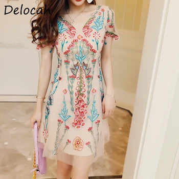 

Delocah Women Summer Fashion Runway Midi Dress Sexy V-Neck Embroidery Elegant Bodycon Fit Female Mesh A-Line Dresses vestidos