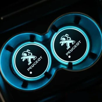 

2PCS LED Car Logo Colorful Water Cup Mat Lights For Peugeot 307 206 308 407 207 406 208 2008 3008 508 408 4008 306 301 stickers