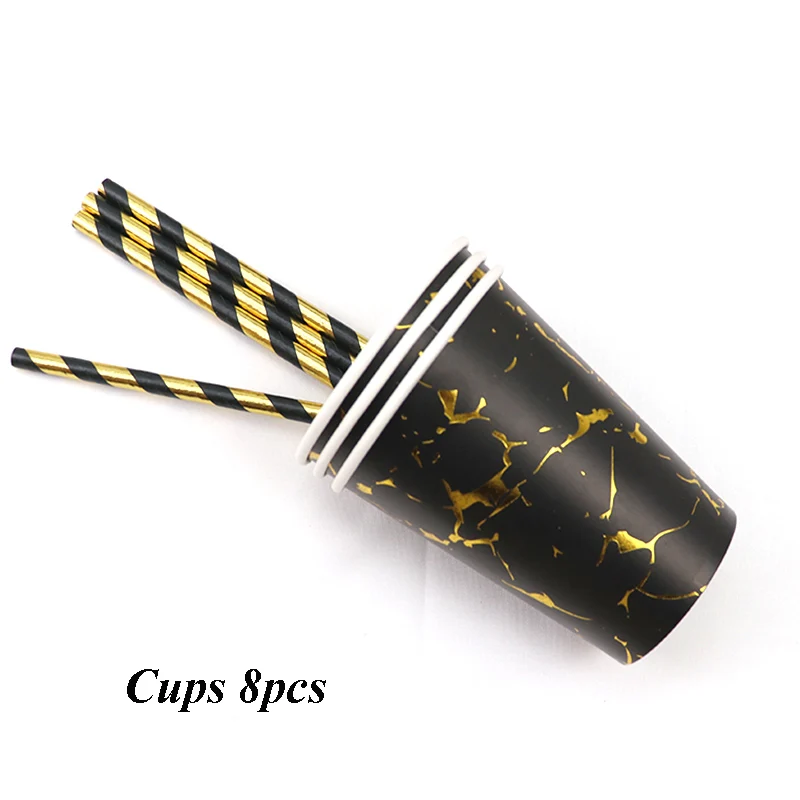 Cup 8pcs Черная Серия золотые блокирующие одноразовые столовые приборы бумажные тарелки для вечеринки салфетки чашки соломки для дней рождения вечерние свадебные год Декор - Цвет: Cup 8pcs
