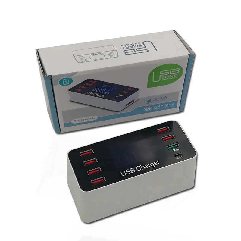 USB fast charge 40W LCD digital display 8-port type-c fast charge head mobile phone tablet smart charger 3C safety certification