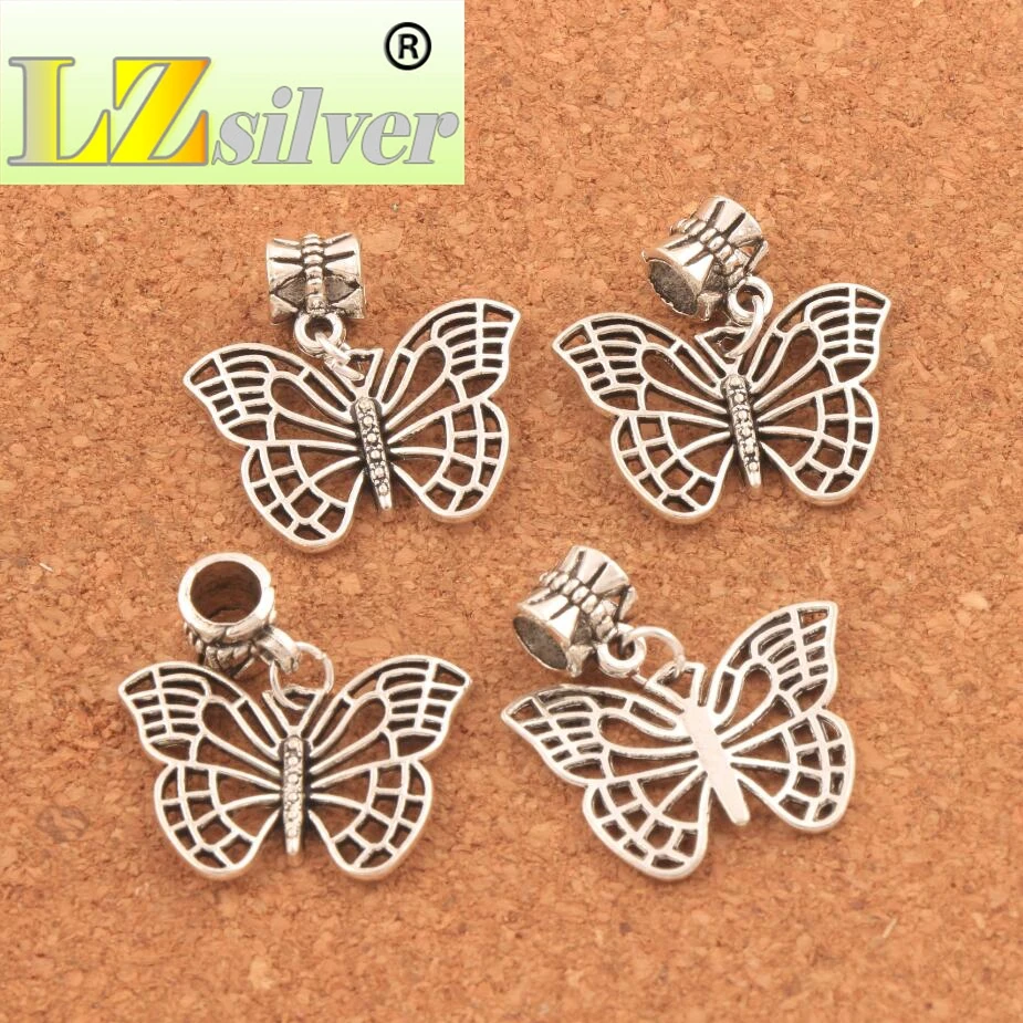 Hollow Butterfly Big Hole Beads 25.4x27.5mm 100PCS Zinc Alloy Dangle Fit European Bracelets Jewelry DIY B1130