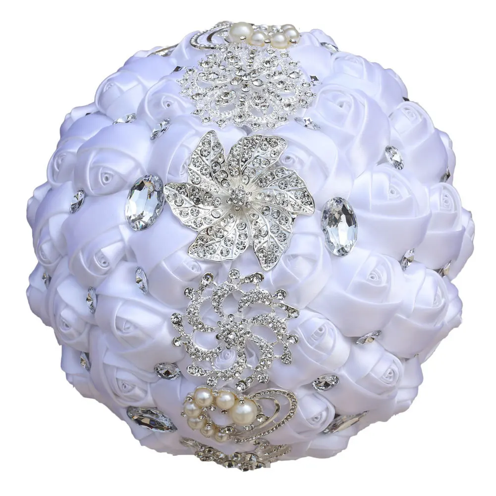 White/Red/Blue Rose Artificial Flowers Bouquet With Diamond Pearl Wedding Decoration Romantic Bride Holding Flower Bouquet Gif