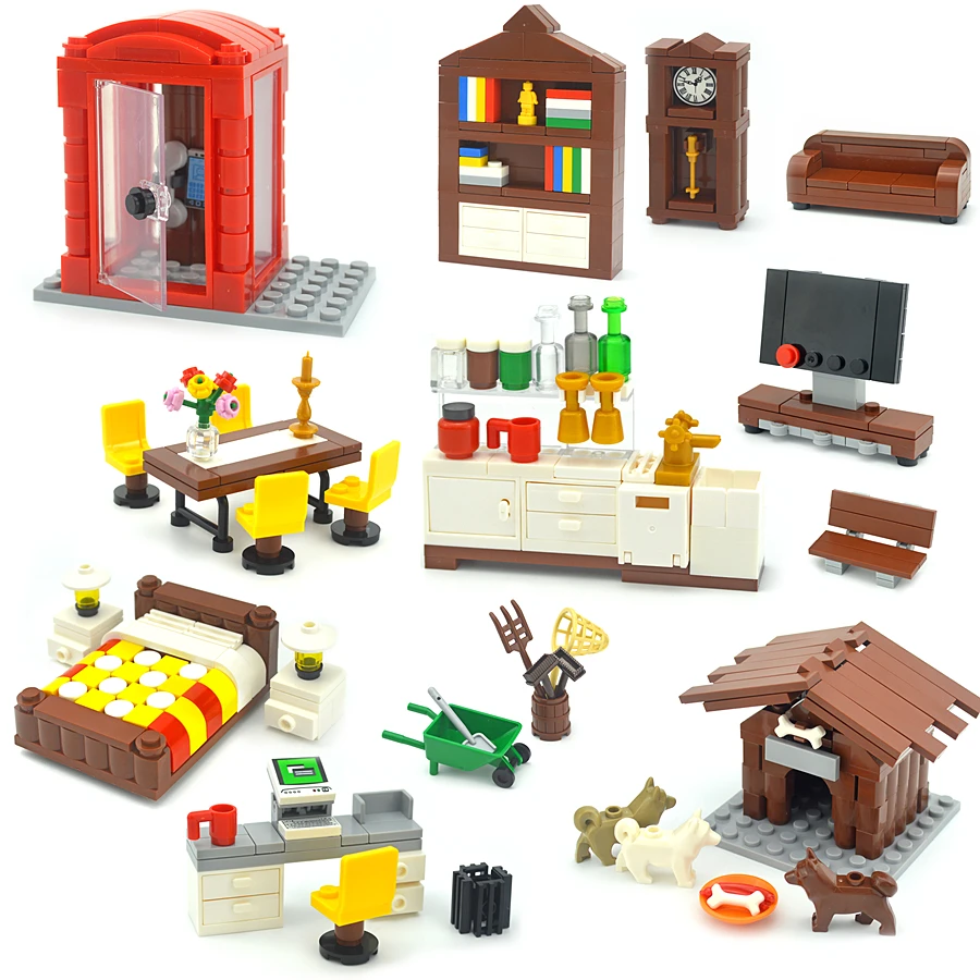 City MOC Blocks Furniture Bricks TV Computer Sofa Bed Desk Model DIY Kennel Set Creative Building Toys for Children Gifts | Игрушки и