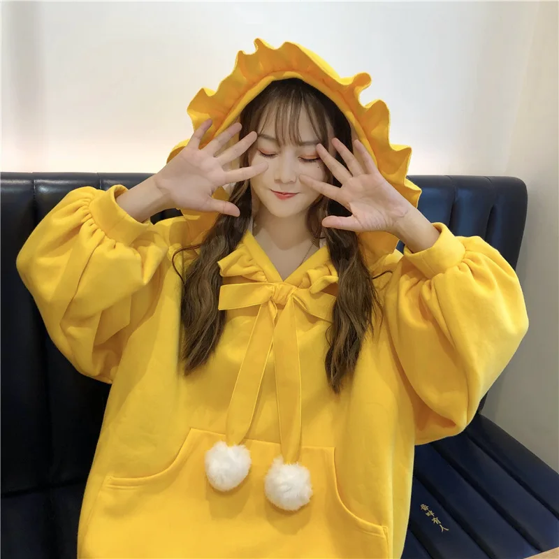 2020 Spring Autumn Thick Christmas New Year Bow Rabbit Fur Rabbit Hair Ball Flounced Solid Sweatshirt Korean-style Hoodies