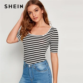 

SHEIN Black and White Striped Print Square Neck Slim Fitted Tee Basics T Shirt Women Autumn Short Sleeve Casual Tshirt Tops