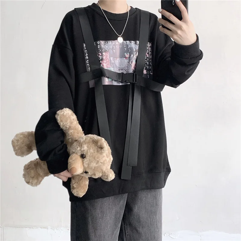 Black hoodie Весна Харадзюку каваи аниме толстовка женская Kpop одежда Готическая уличная лента панк Толстовка корейский Негабаритных Толстовки пара - Цвет: Black hoodie