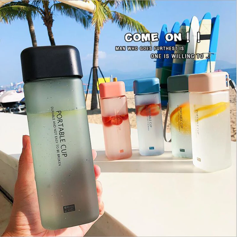 

480ml/600ml Portable Plastic Water Bottle Square Fruit Juice Bottles Leak-proof Outdoor Sport Travel Hiking Camping Bottle