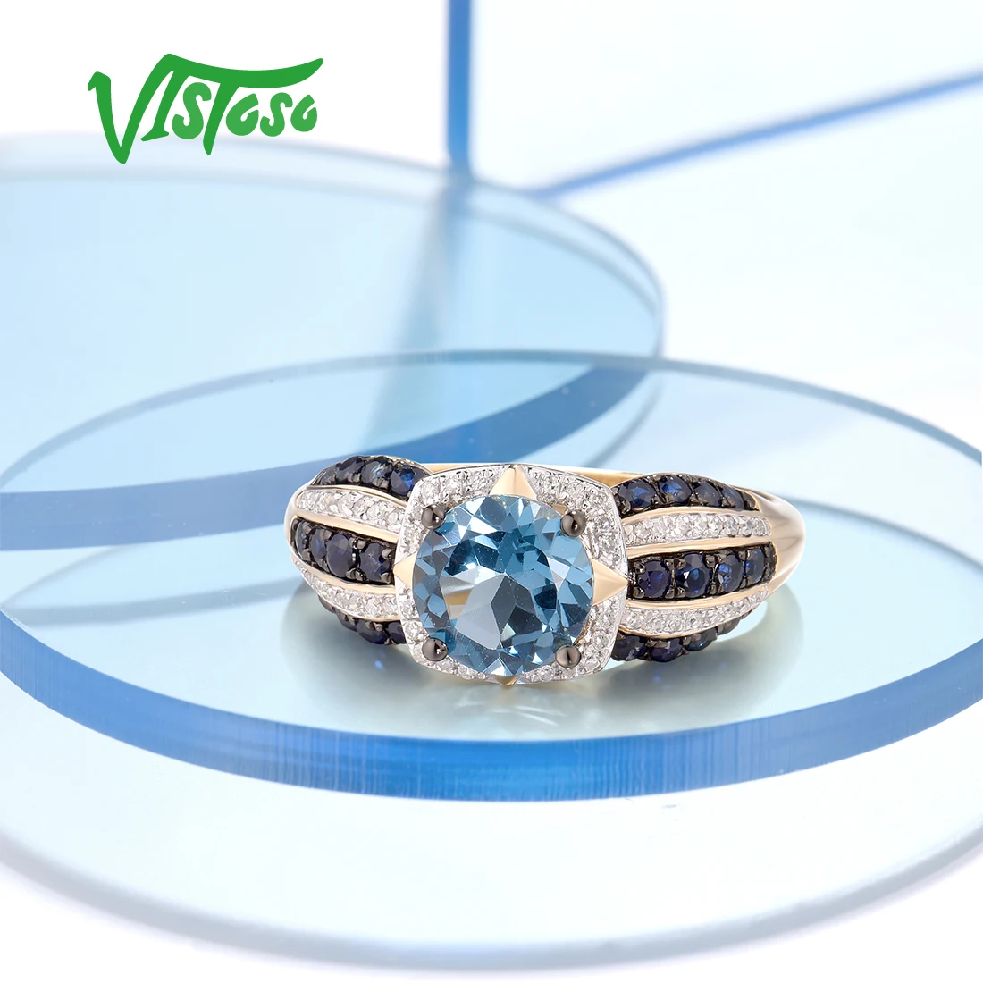VISTOSO Gold Ring For Woman Genuine 14K 585 Yellow Gold Sparkling Natural London Blue Topaz Sapphire Diamond Trendy Fine Jewelry 5