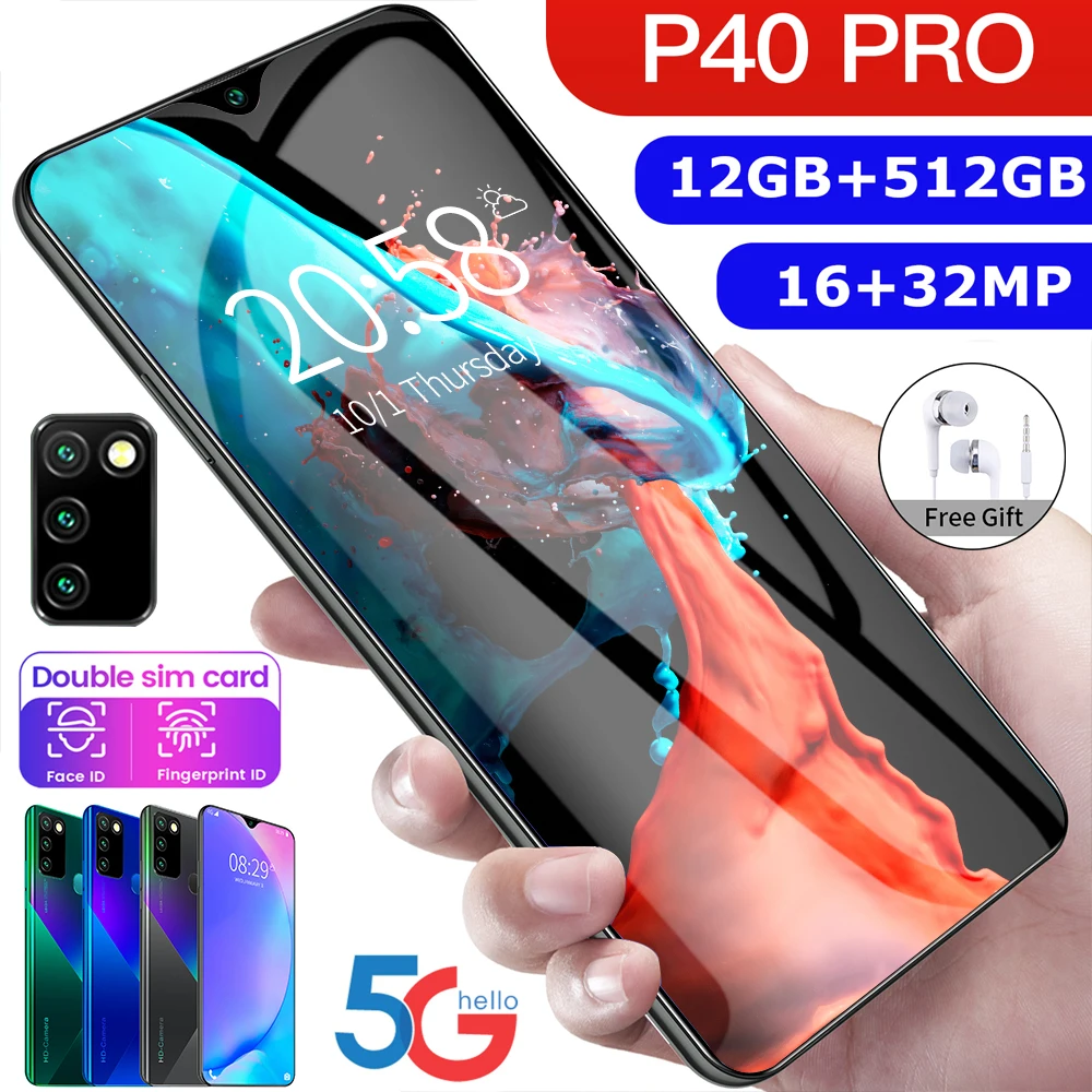 Hawei Ericsson P40 Pro 5G Smartphone 6,8 pulgadas 12GB + 512GB cara/de huellas dactilares de desbloqueo teléfono Dual Sim soporte-tarjeta de teléfono inteligente 16 + 32MP