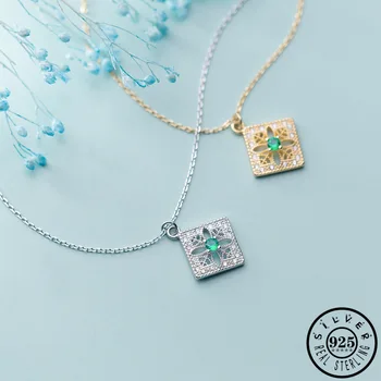

925 Sterling Silver Square Pendant with Green Cubic Zircon Statement Gold Color Plated Chain Party Necklaces for Women