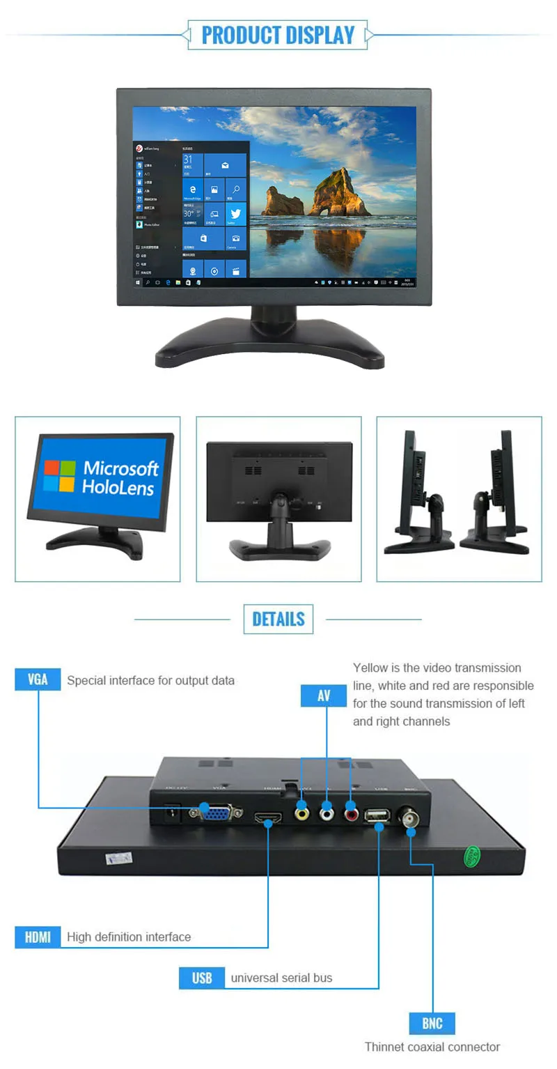 10,1 дюймовый ЖК-монитор, светодиодный дисплей, промышленный монитор с VGA/BNC/AV/HDMI/USB интерфейсом