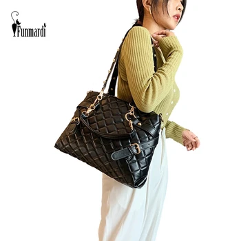

FUNMARDI Rivet Handle Women Handbags Classic Lattice Large Shoulder Bag 2020 Lady Tote Bag Brand Design Crossbody Bags WLHB3082